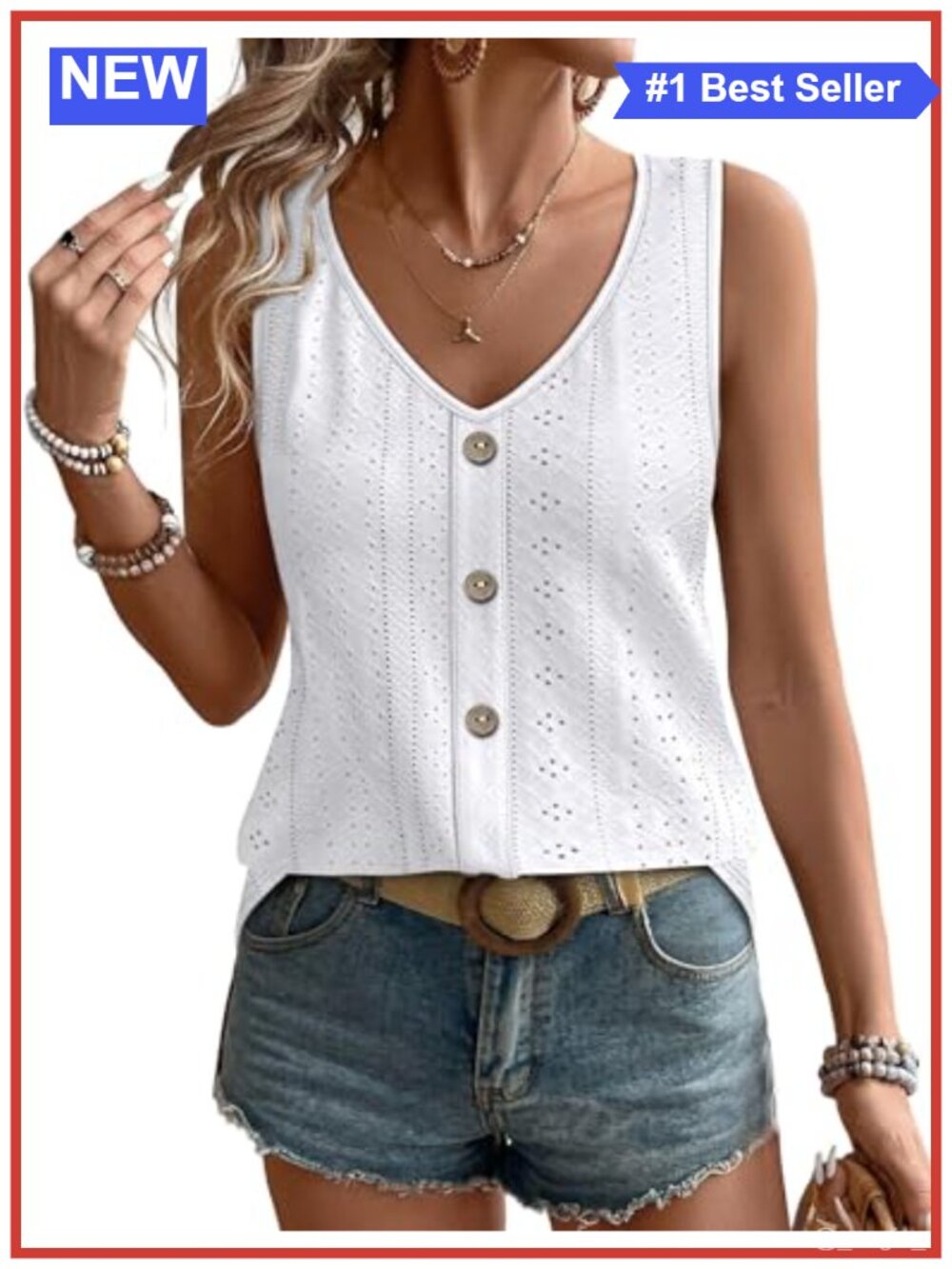 Women's Sleeveless Tank Top with Eyelet V-Neck, Soft Stretchy Knit
